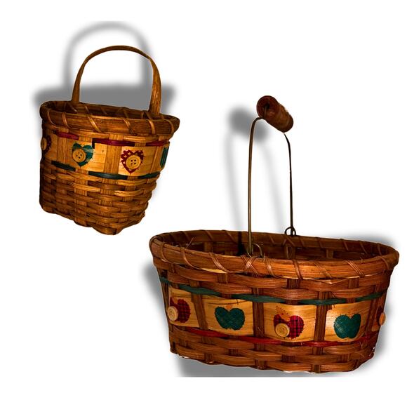 Vintage Country Heart Button Basket Duo – Rustic Wood Handle Wall & Table Set - Picture 1 of 11
